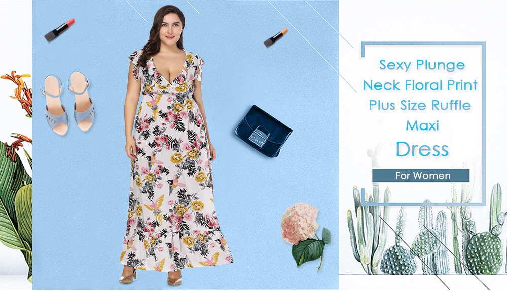 Sexy Plunge Neck Short Sleeve Floral Print Plus Size Ruffle Women Maxi Dress