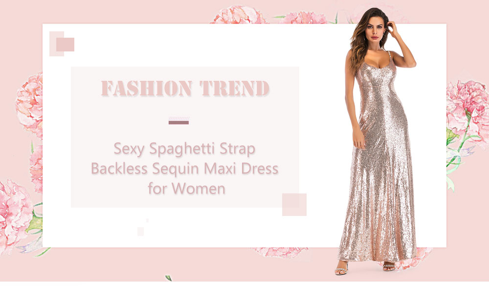 Sexy Spaghetti Strap Backless Sequin A-line Women Maxi Slip Dress