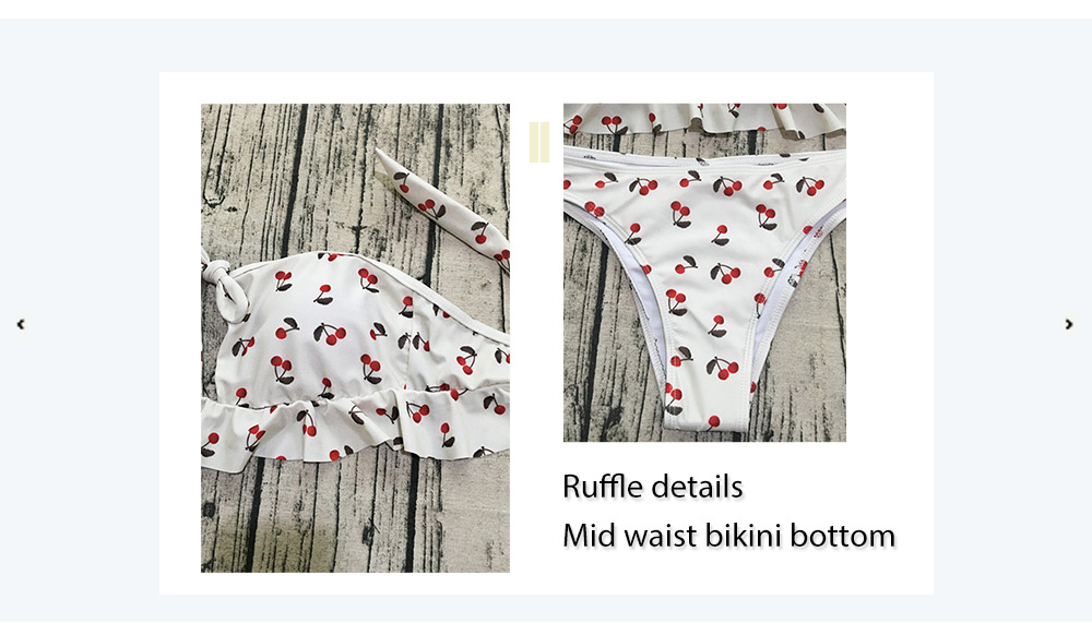 Sexy Strapless Padded Ruffle Cherry Print Tied Mid Waist Women Bikini Set