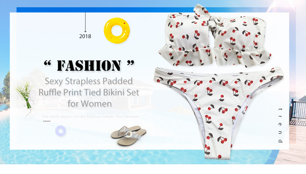 Sexy Strapless Padded Ruffle Cherry Print Tied Mid Waist Women Bikini Set