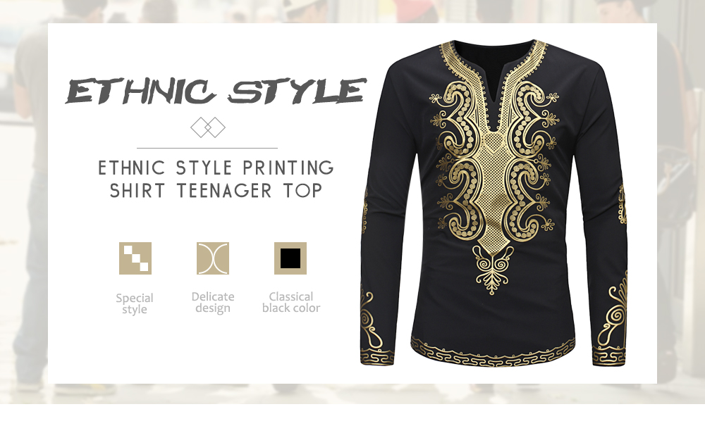 Ethnic Style V-neck Collar Printing Shirt Teenage Top