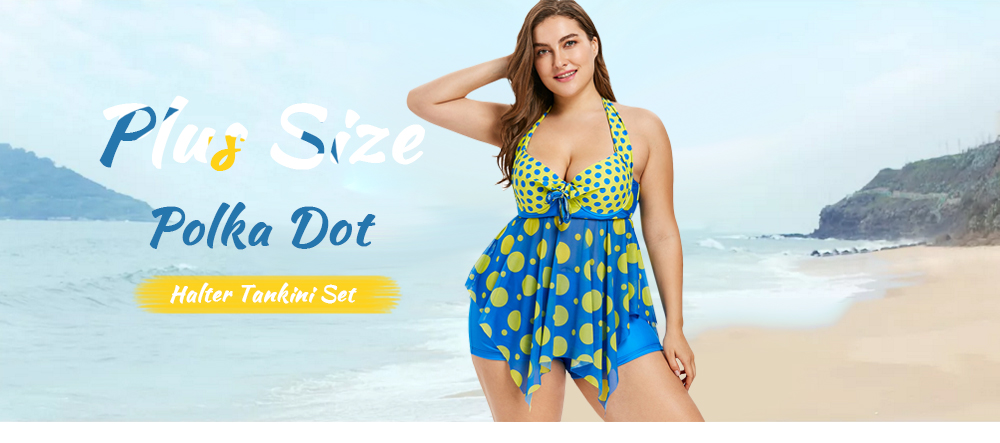 Plus Size Polka Dot Halter Tankini Set