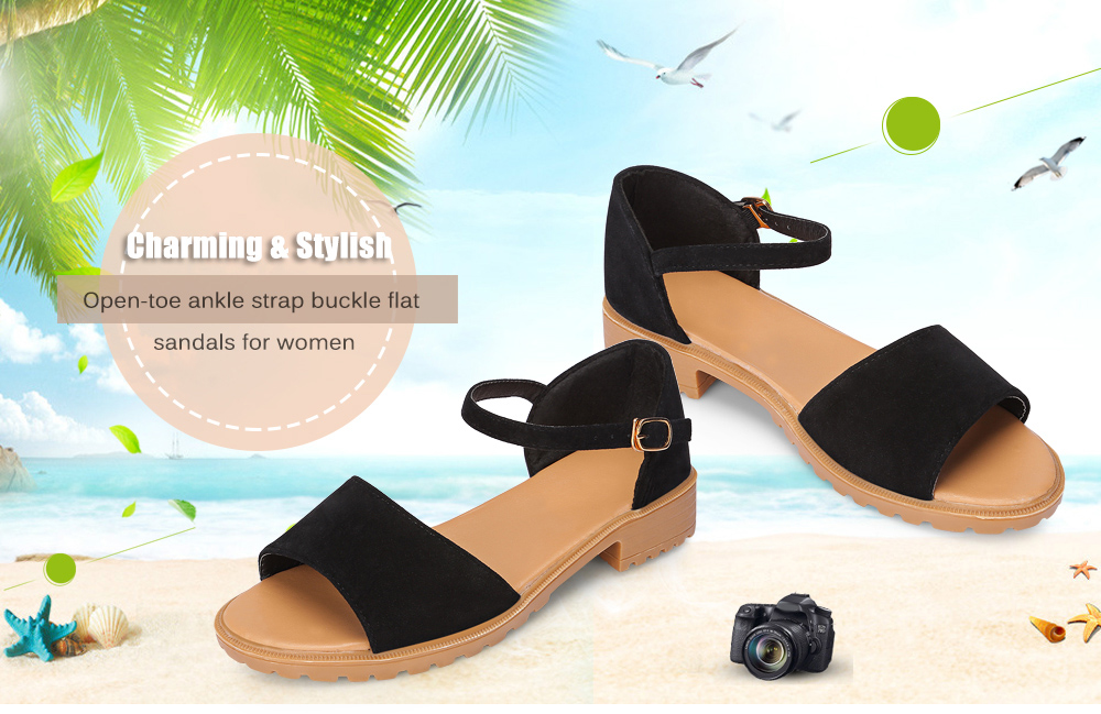 Summer Women Low Heel Open-toe Ankle Strap Buckle Flat Shoes Sandals