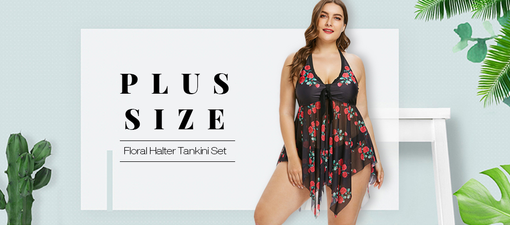 Plus Size Flower Sheer Tankini Set