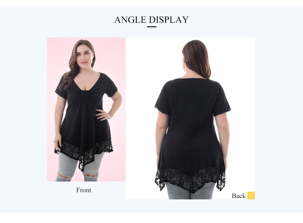 Plunge Neck Short Sleeve Splice Lace Asymmetric Plus Size Women Blouse