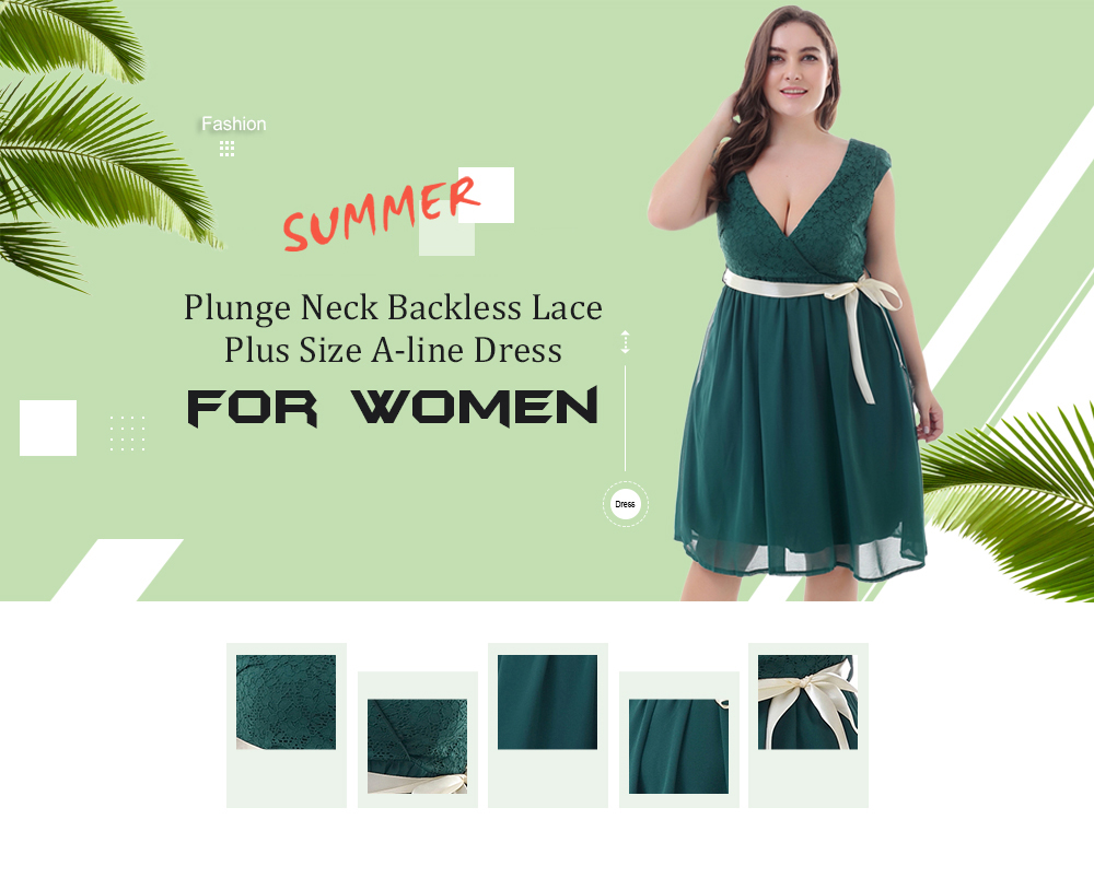 Plunge Neck Cap Sleeve Backless Lace Plus Size Belted Women Dress