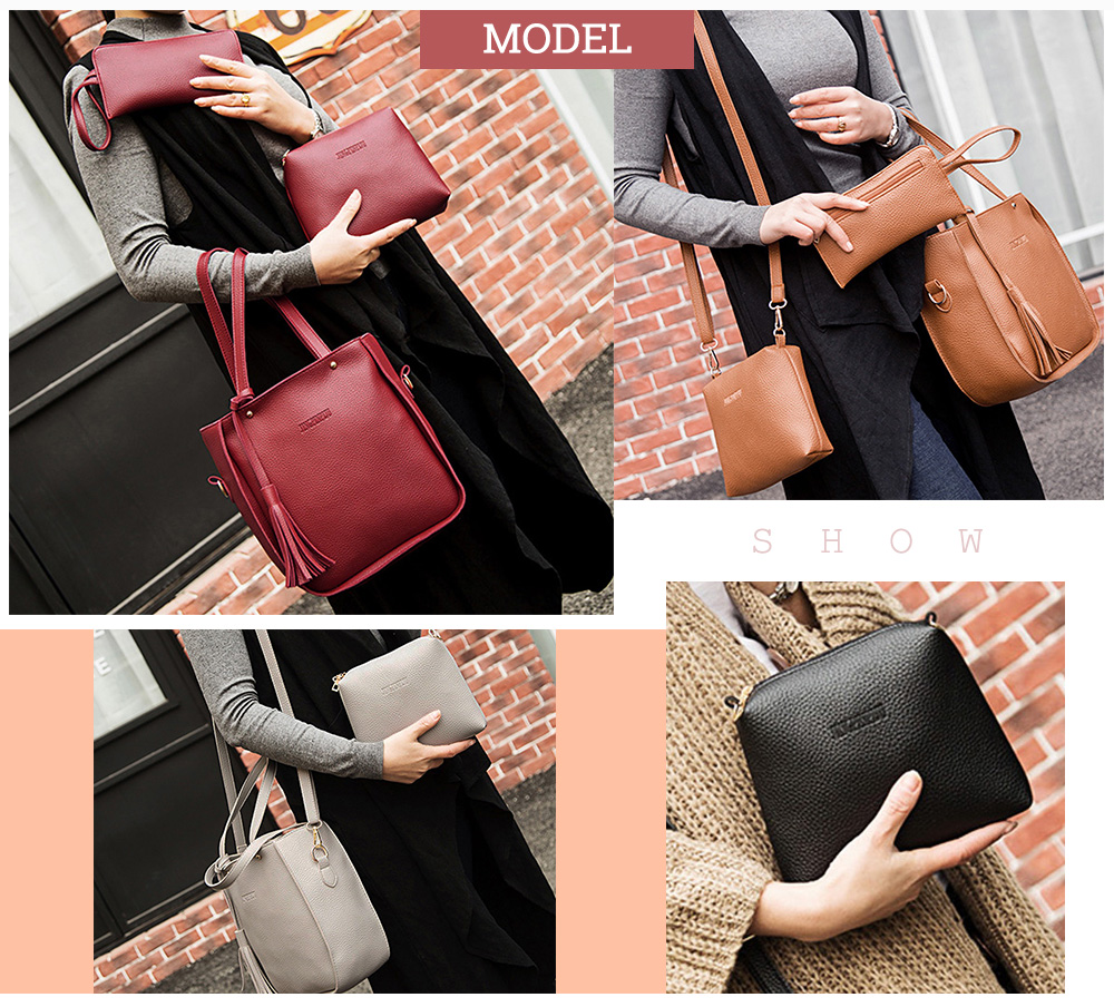 3pcs Tassel Elegant Handbag Women Shoulder Tote Crossbody Composite Bag Wristlet