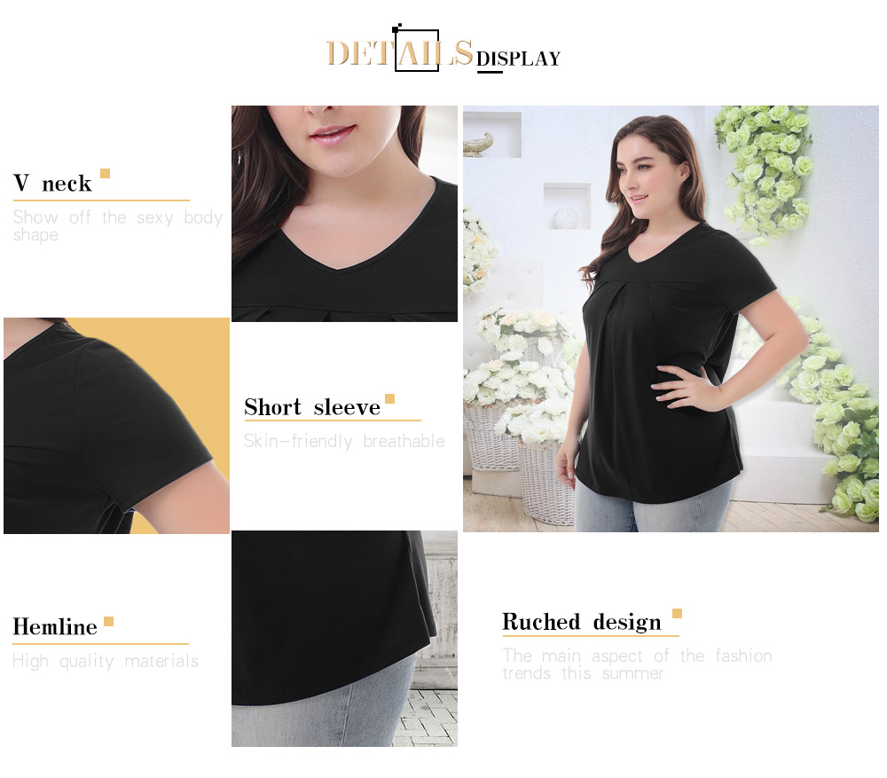 V Neck Short Sleeve Ruched Solid Color Plus Size Women T-shirt