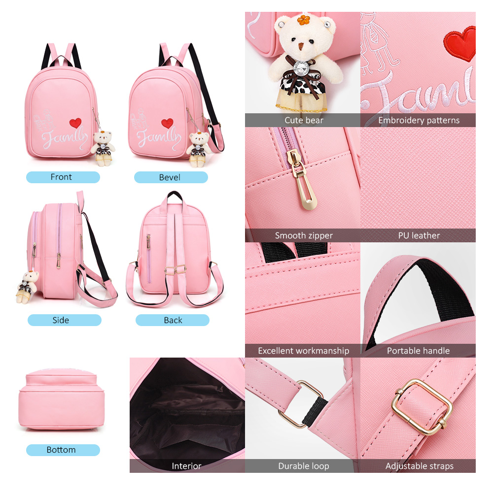 4pcs Composite PU Leather Women Cute Bear Shoulder Bag Backpack Wristlet Card Holder