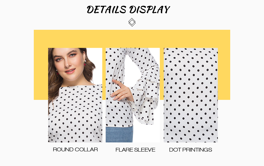Women Polka Dot Round Collar Flare Sleeve Loose Blouse Summer Spring Tops