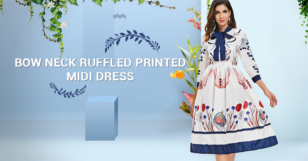 Bow Neck Ruffled Printed Midi Dress