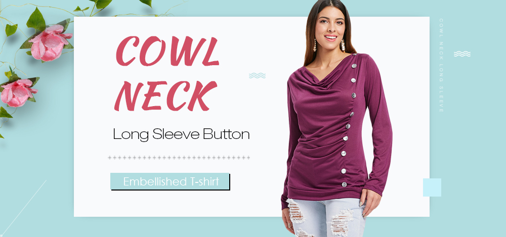 Cowl Neck Button Embellished T-shirt