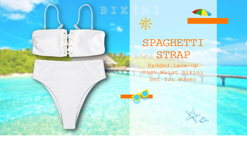 Spaghetti Strap Strapless Padded Lace-up High Waist Women Bikini Set