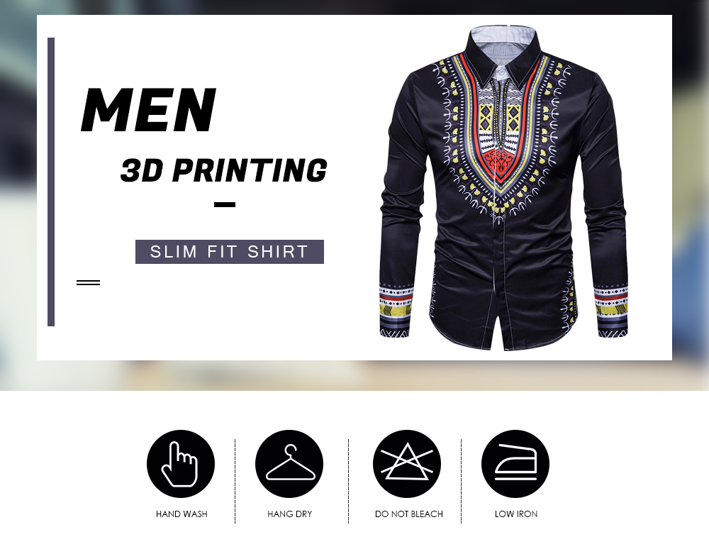 Long Sleeve Shirt Men 3D Printing Slim Fit Turn-down Collar Casual Male Clothing