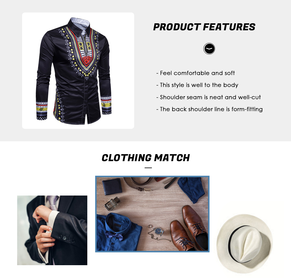 Long Sleeve Shirt Men 3D Printing Slim Fit Turn-down Collar Casual Male Clothing