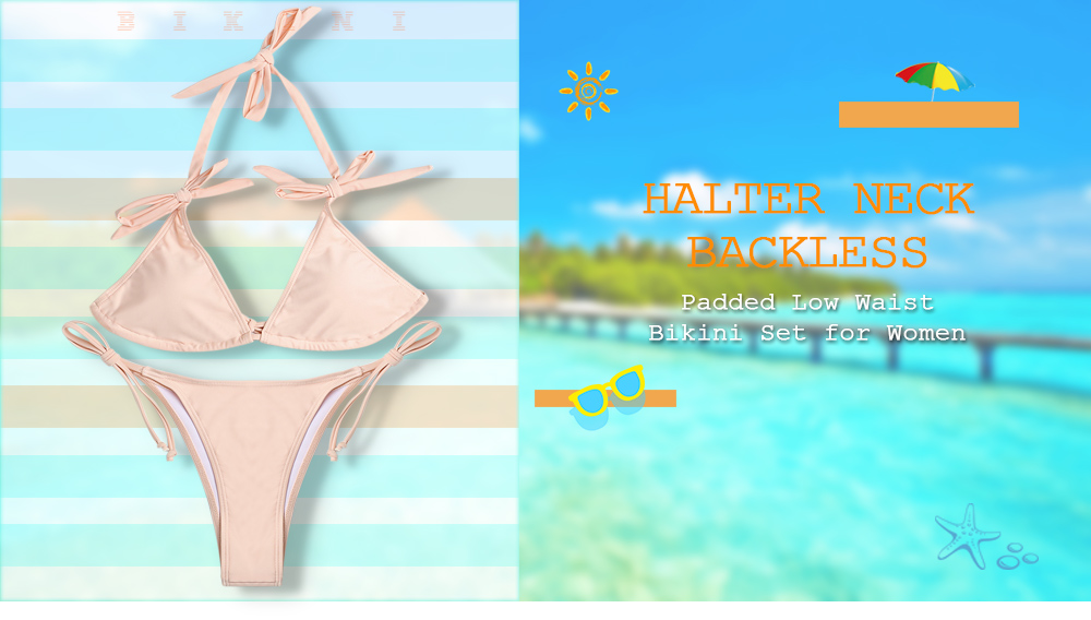 Halter Neck Backless Padded Low Waist Tied Bowknot Women Bikini Set