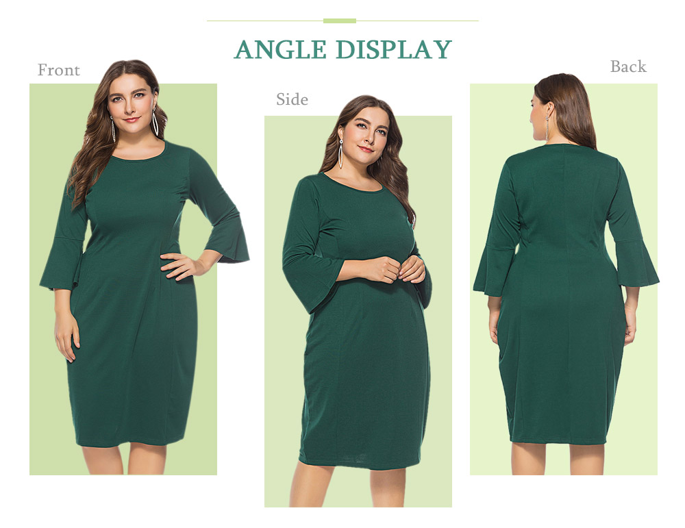 Round Collar 3/4 Bell Sleeve Bodycon Solid Color Plus Size Women Dress