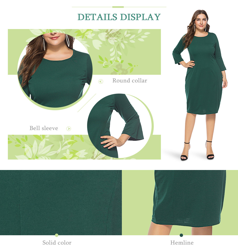 Round Collar 3/4 Bell Sleeve Bodycon Solid Color Plus Size Women Dress