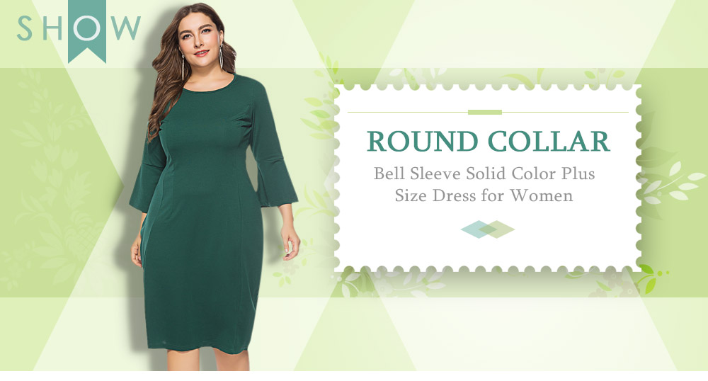 Round Collar 3/4 Bell Sleeve Bodycon Solid Color Plus Size Women Dress
