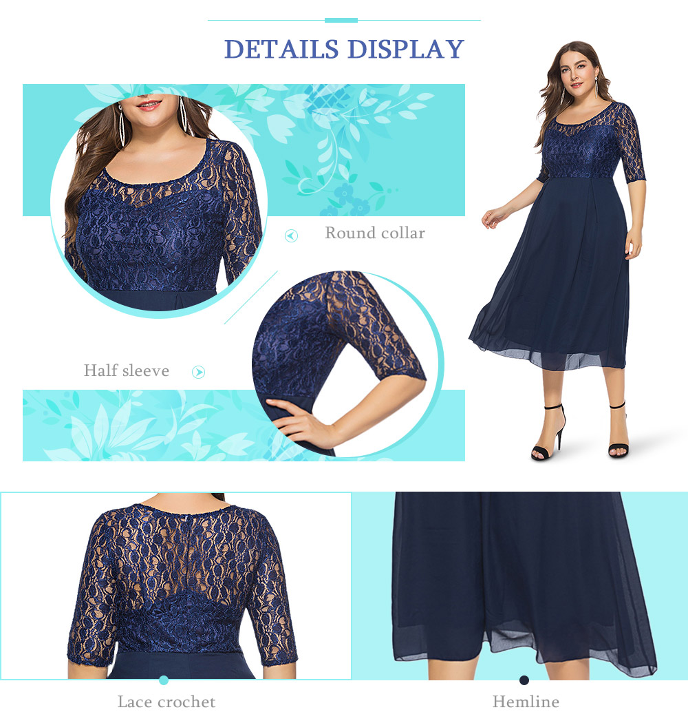 Round Collar Half Sleeve Spliced Lace Crochet Plus Size Women Midi Dress