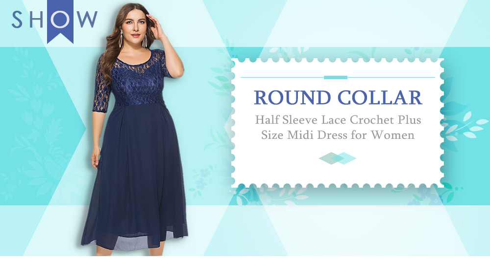 Round Collar Half Sleeve Spliced Lace Crochet Plus Size Women Midi Dress