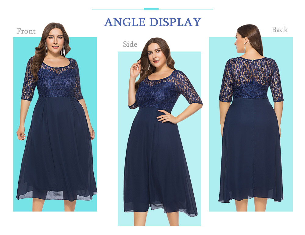 Round Collar Half Sleeve Spliced Lace Crochet Plus Size Women Midi Dress