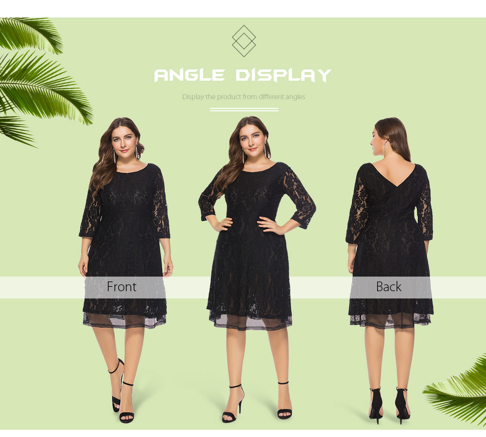 Round Collar 3/4 Sleeve Backless Lace Crochet Plus Size Women Dress