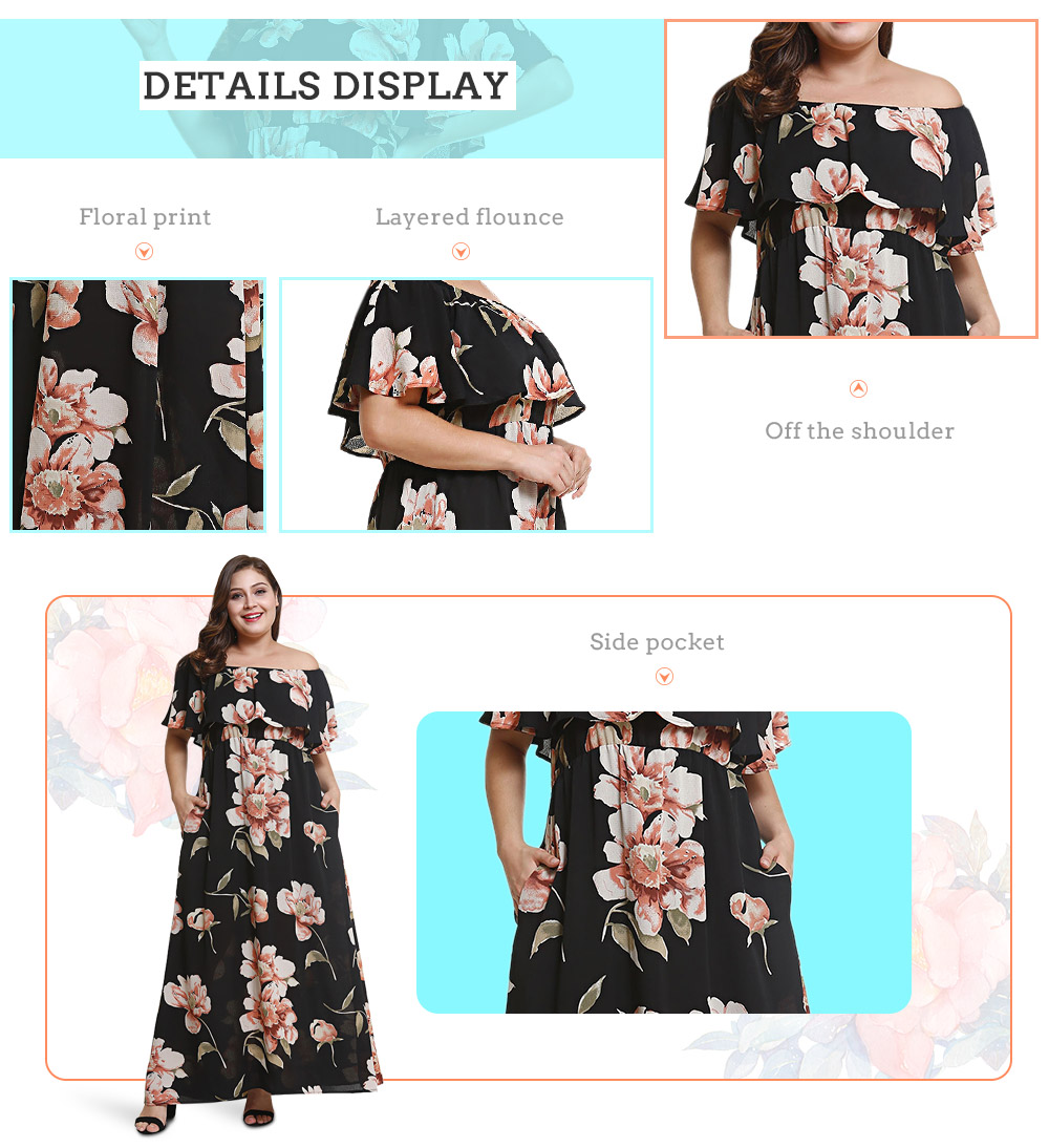 Off The Shoulder Flounce Floral Print Pocket Plus Size Women Maxi Dress