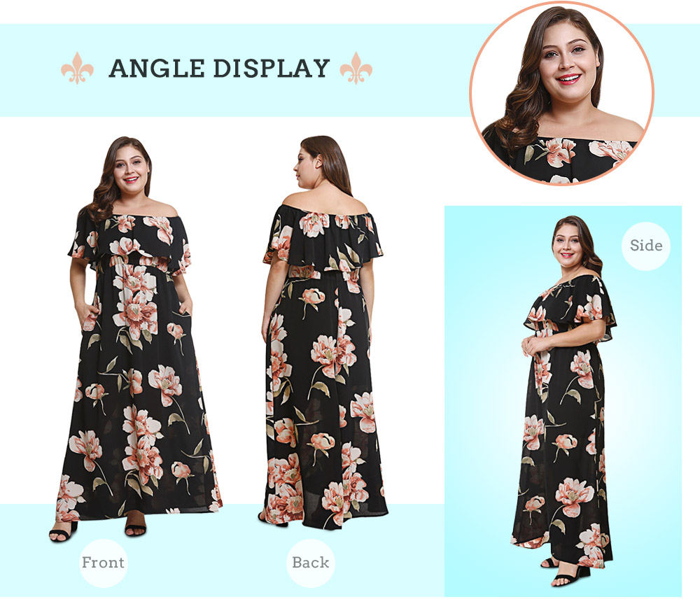 Off The Shoulder Flounce Floral Print Pocket Plus Size Women Maxi Dress