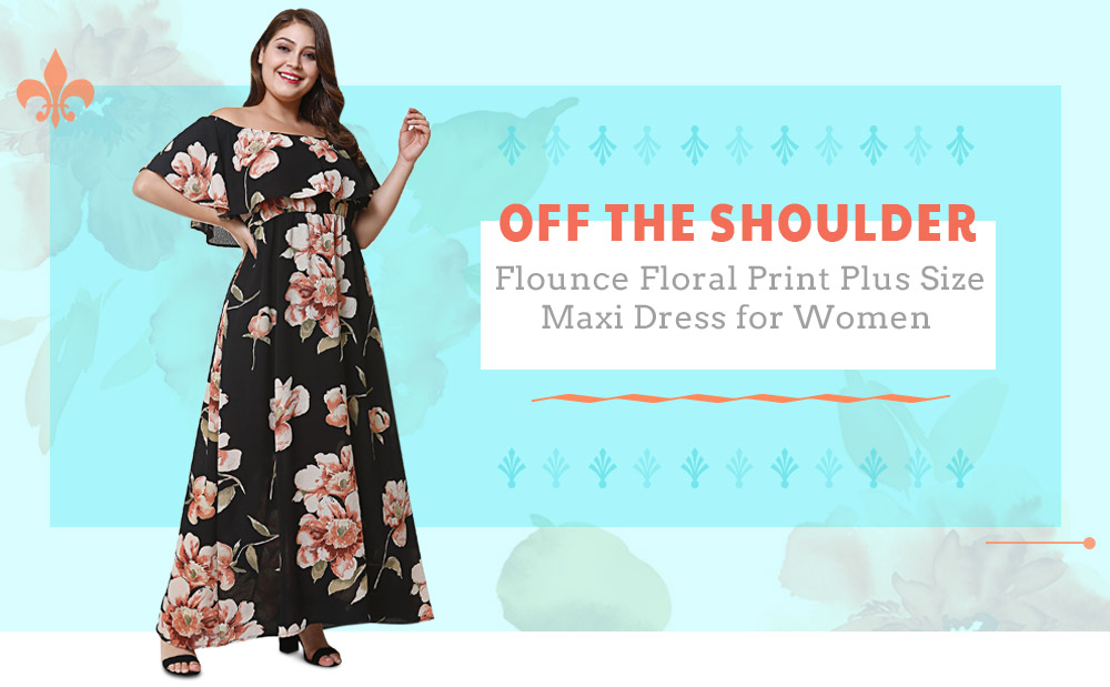Off The Shoulder Flounce Floral Print Pocket Plus Size Women Maxi Dress