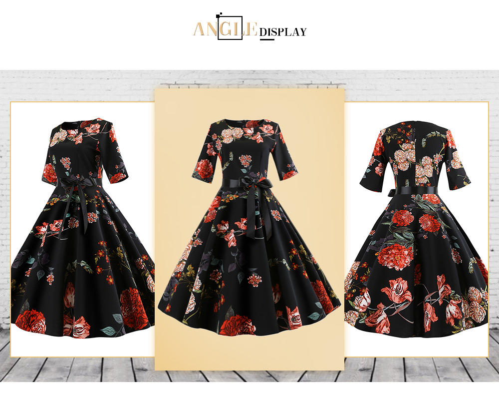 Round Collar Half Sleeves Floral Print Tied Strap A-line Women Dress