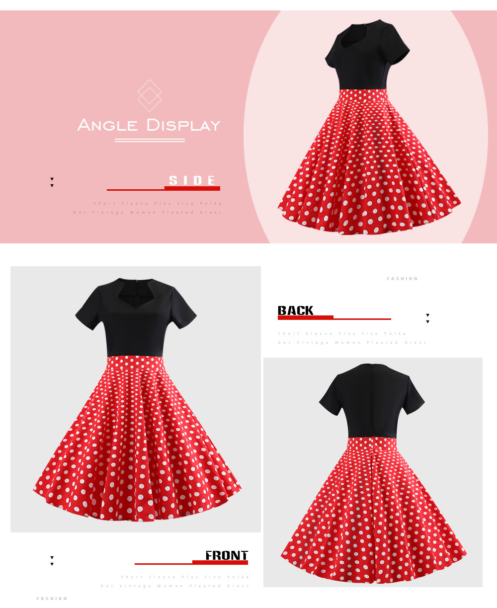 Short Sleeve Plus Size Polka Dot Vintage Women Pleated Dress