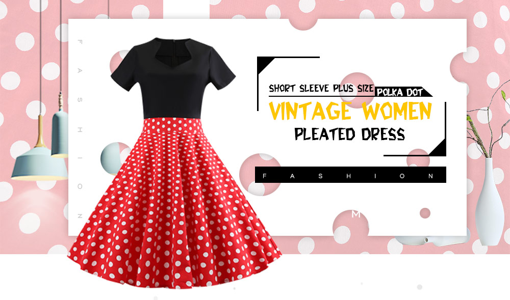Short Sleeve Plus Size Polka Dot Vintage Women Pleated Dress