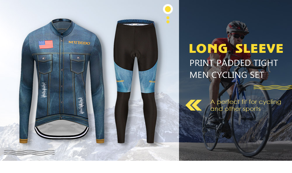 MUBODO Long Sleeve Zipper Print Jersey Padded Tight Pants Men Cycling Set