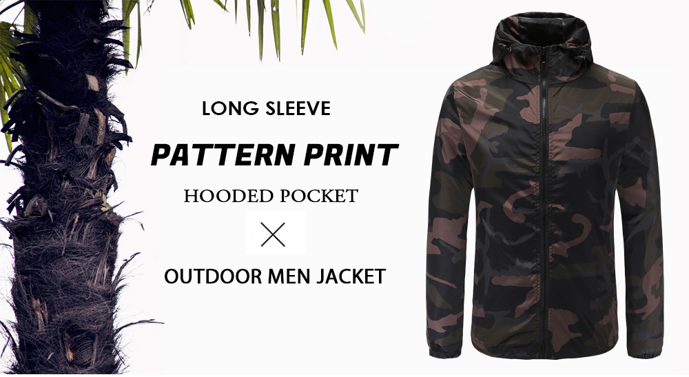 Long Sleeve Print Hooded Pocket Outdoor Polyester Men Jacket