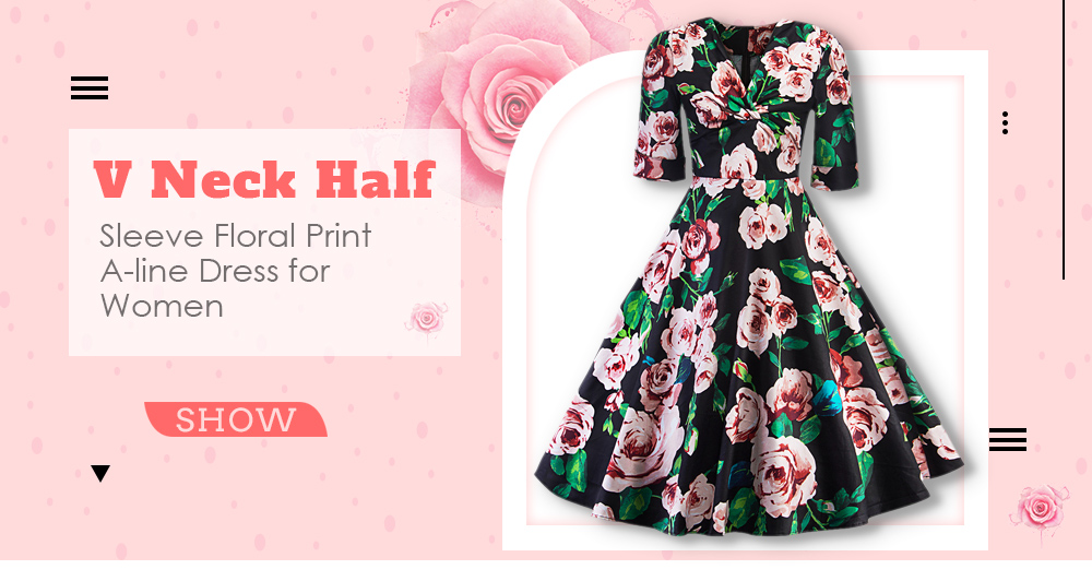 V Neck Half Sleeve Floral Print A-line Women Dress