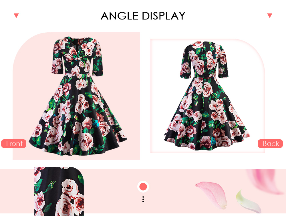 V Neck Half Sleeve Floral Print A-line Women Dress