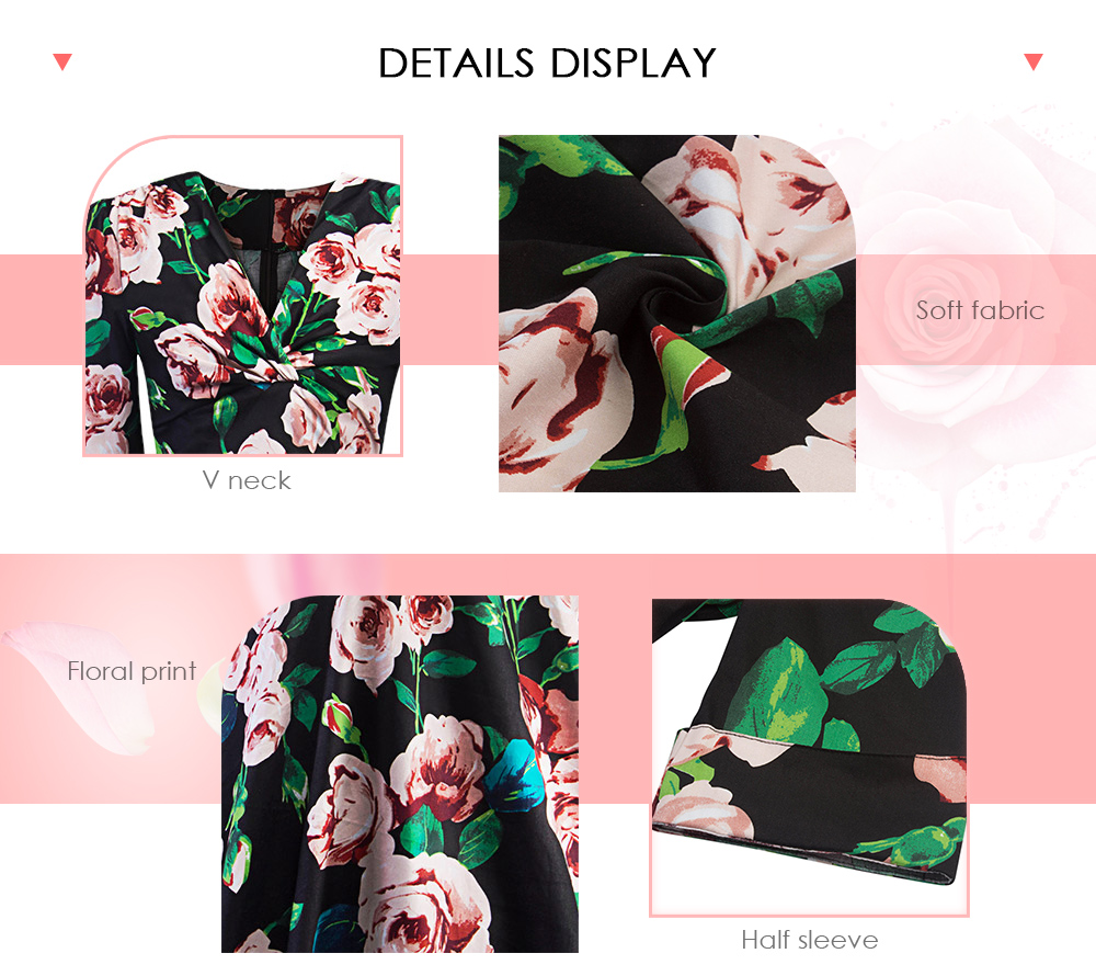 V Neck Half Sleeve Floral Print A-line Women Dress