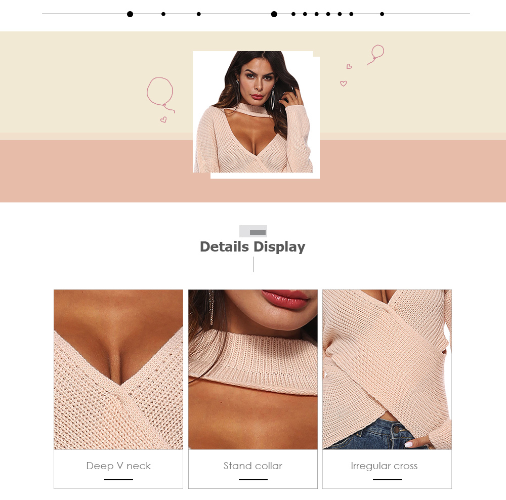 Deep V Neck Stand Collar Sexy Low Cut Irregular Cross Long Sleeve Women Sweater