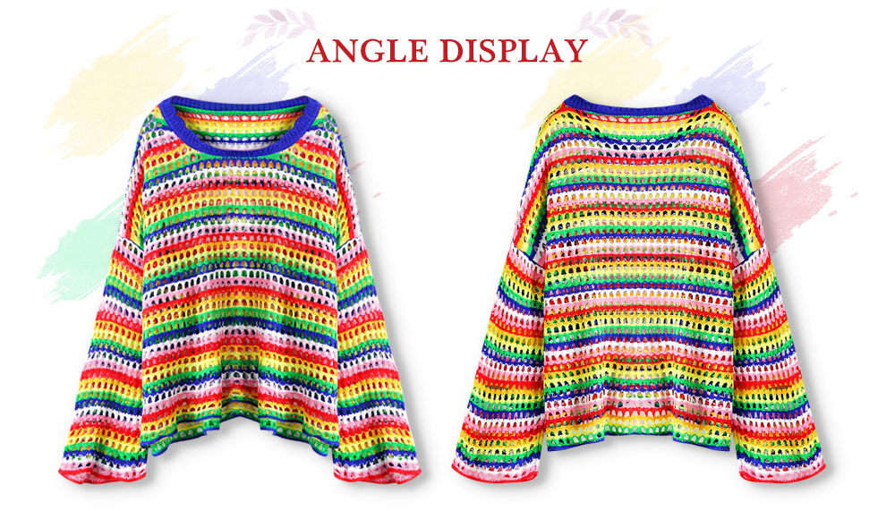Round Collar Long Sleeve Hollow Out Colorful Stripe Loose Women Sweater