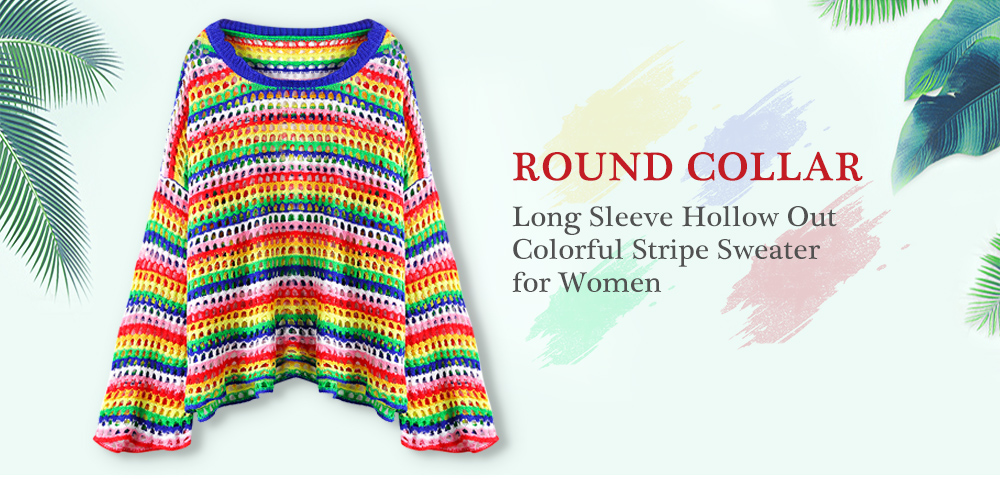 Round Collar Long Sleeve Hollow Out Colorful Stripe Loose Women Sweater