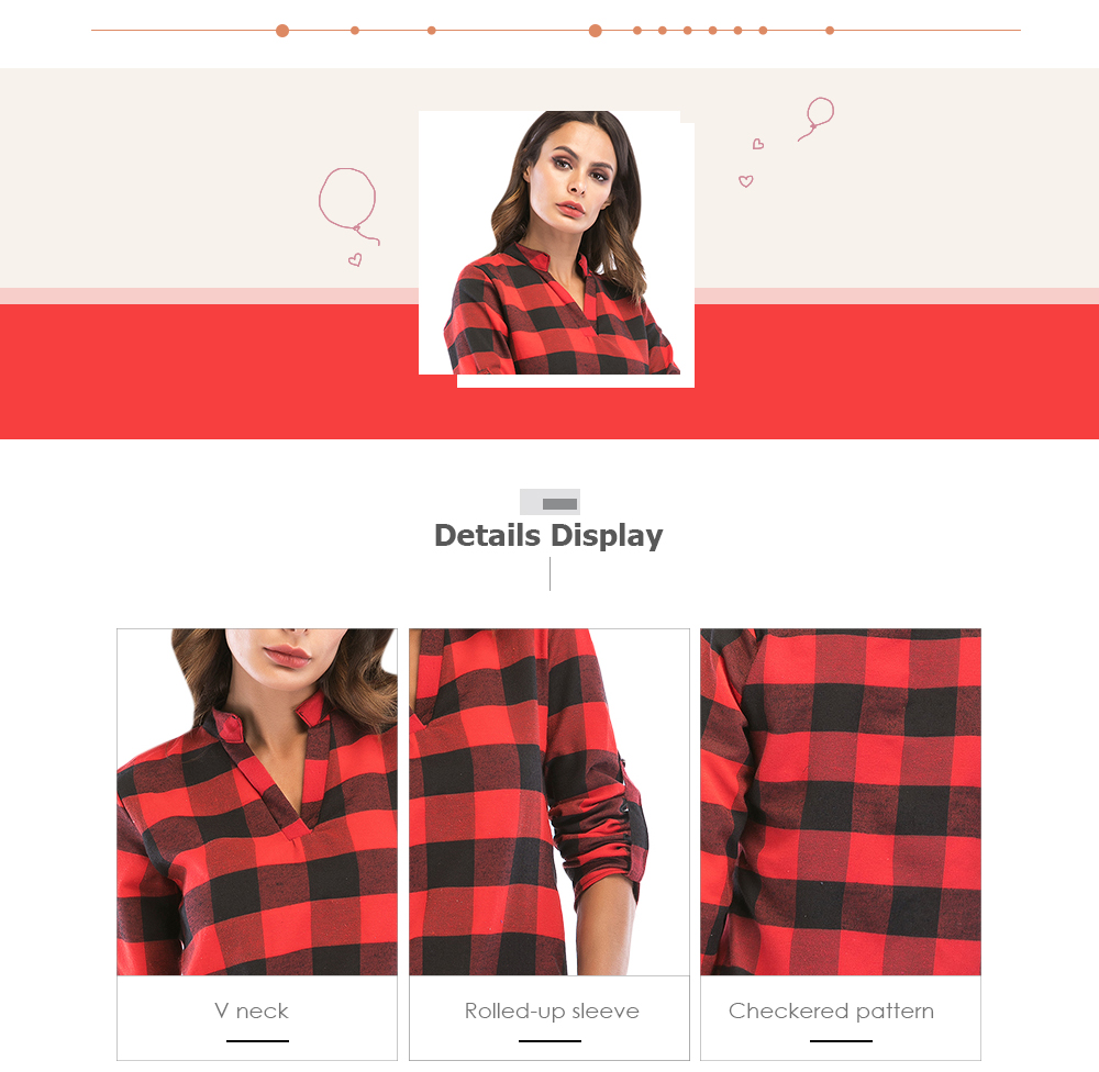 V Neck Long Sleeve Checkered Print Women Shirt