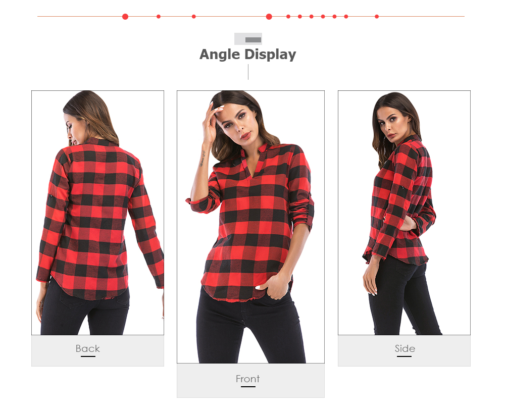 V Neck Long Sleeve Checkered Print Women Shirt