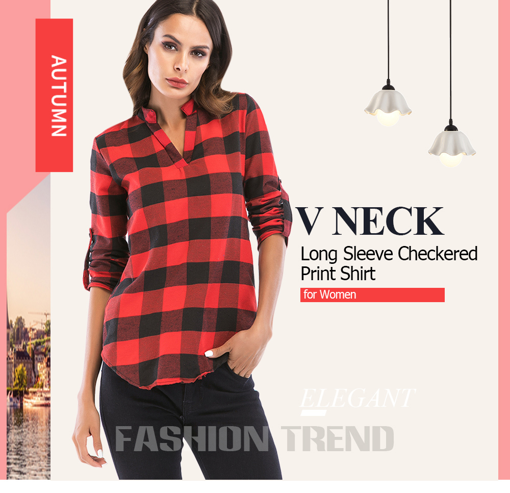 V Neck Long Sleeve Checkered Print Women Shirt