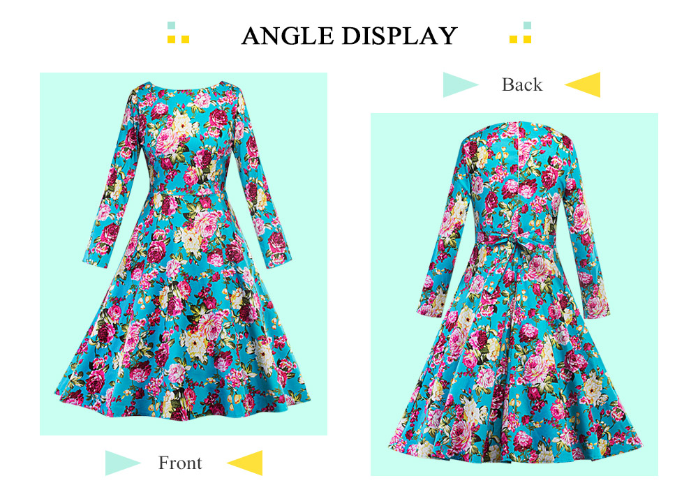 Boat Neck Long Sleeve Floral Print Belted A-line Women Dress