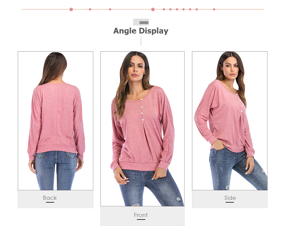 Round Collar Long Sleeve Button Loose Women T-shirt