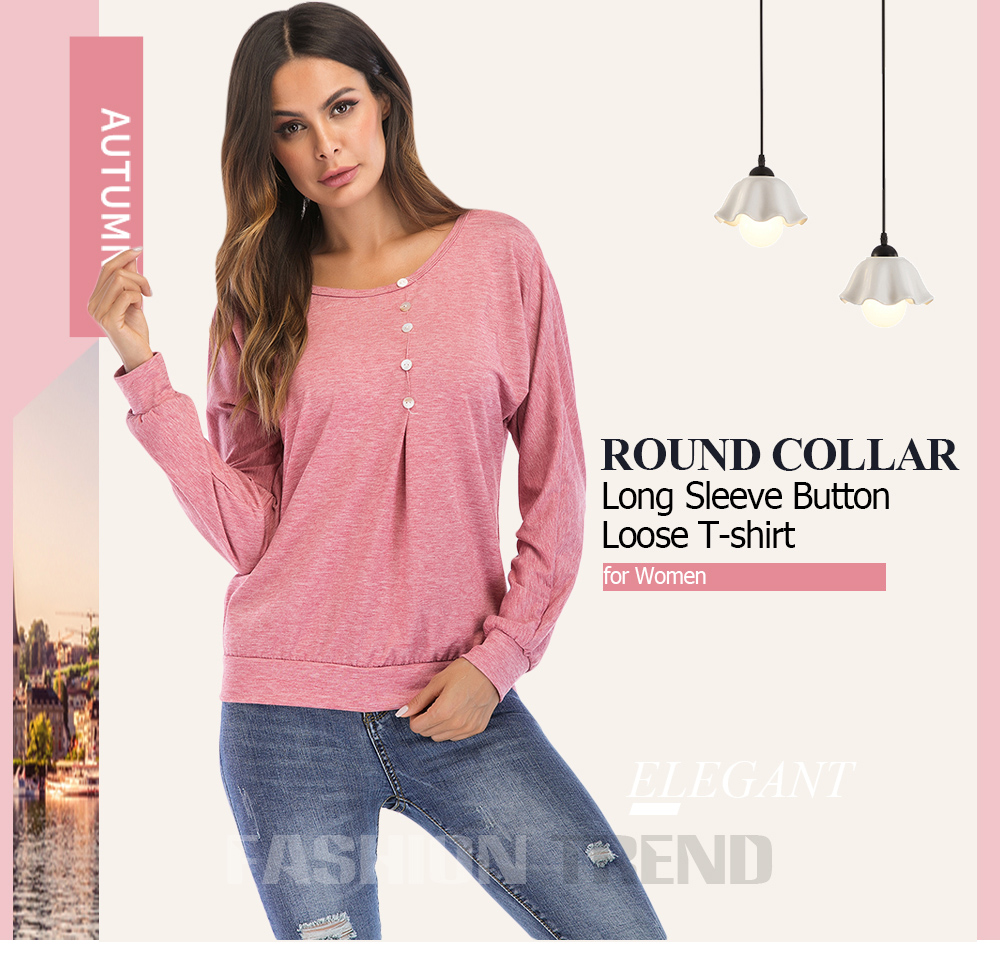 Round Collar Long Sleeve Button Loose Women T-shirt