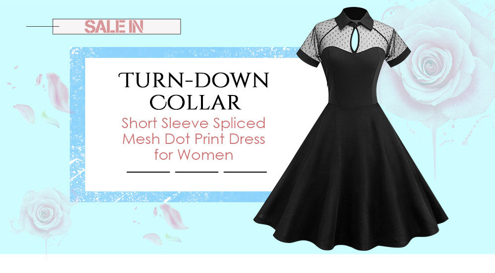 Turn-down Collar Short Sleeve Keyhole Spliced Mesh Dot Print A-line Women Dress