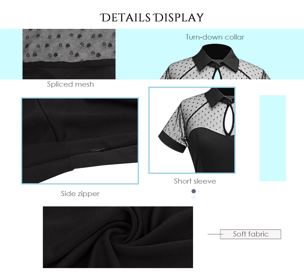 Turn-down Collar Short Sleeve Keyhole Spliced Mesh Dot Print A-line Women Dress