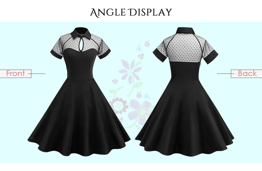 Turn-down Collar Short Sleeve Keyhole Spliced Mesh Dot Print A-line Women Dress